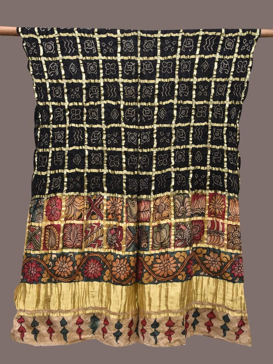 Black Bandhani Kalamkari Hand Painted Kanchipuram Silk Handloom Dupatta ds2345