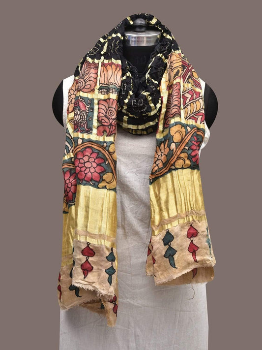 Black Bandhani Kalamkari Hand Painted Kanchipuram Silk Handloom Dupatta ds2345