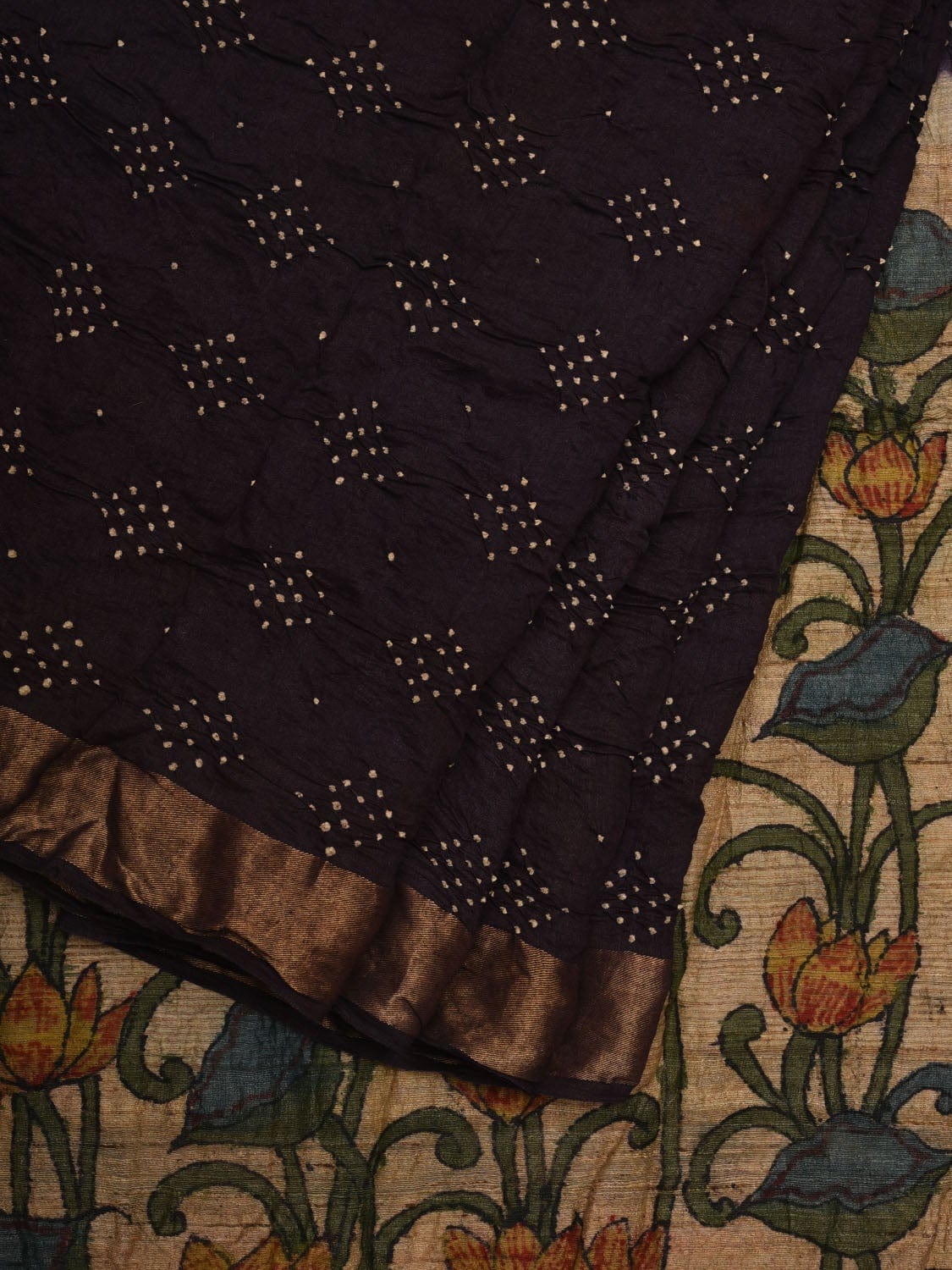 Black Bandhani Kalamkari Hand Painted Tussar Handloom Saree with Zari Border bn0327