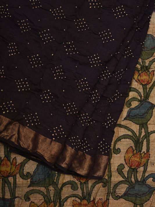 Black Bandhani Kalamkari Hand Painted Tussar Handloom Saree with Zari Border bn0327