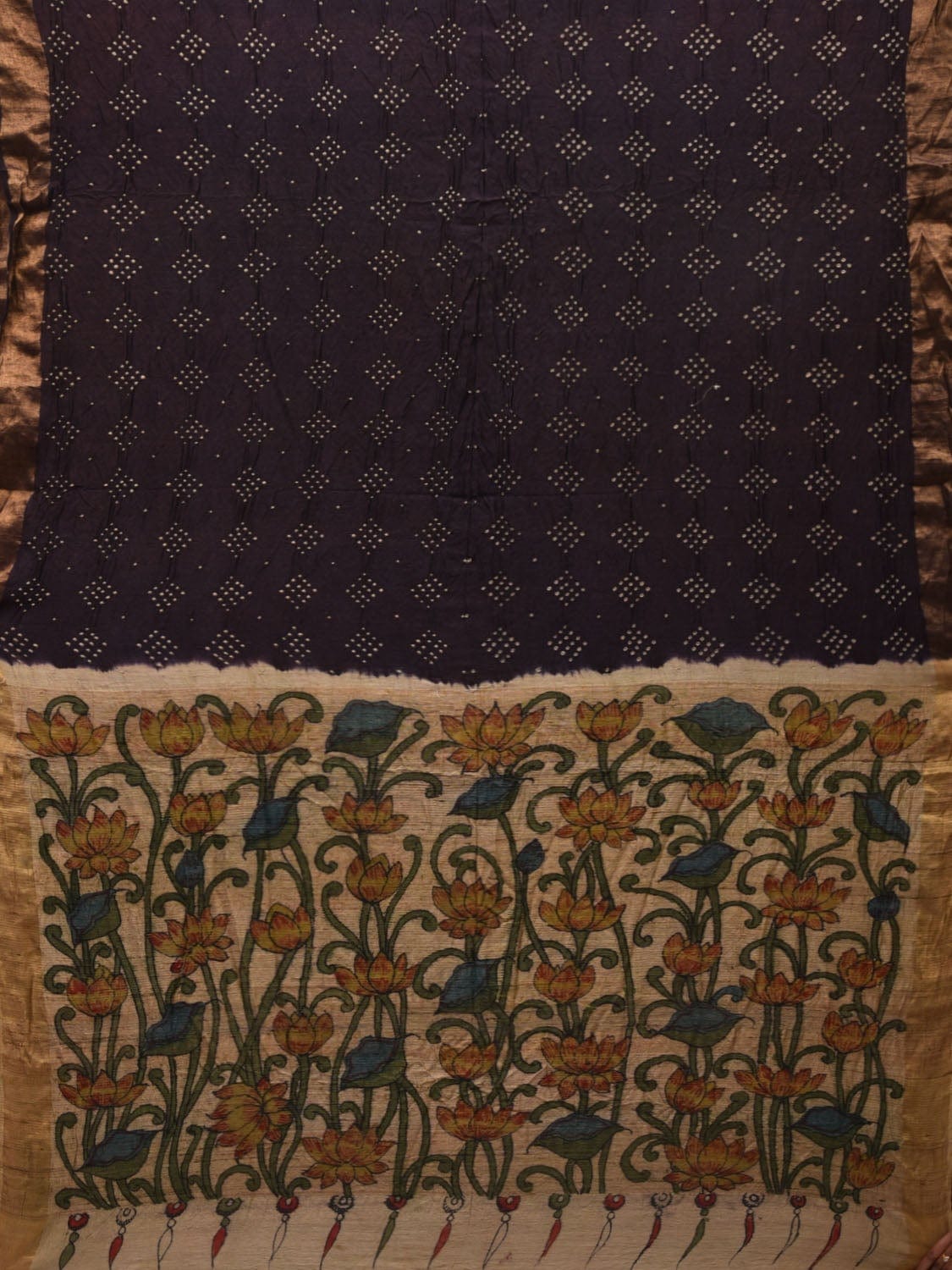Black Bandhani Kalamkari Hand Painted Tussar Handloom Saree with Zari Border bn0327