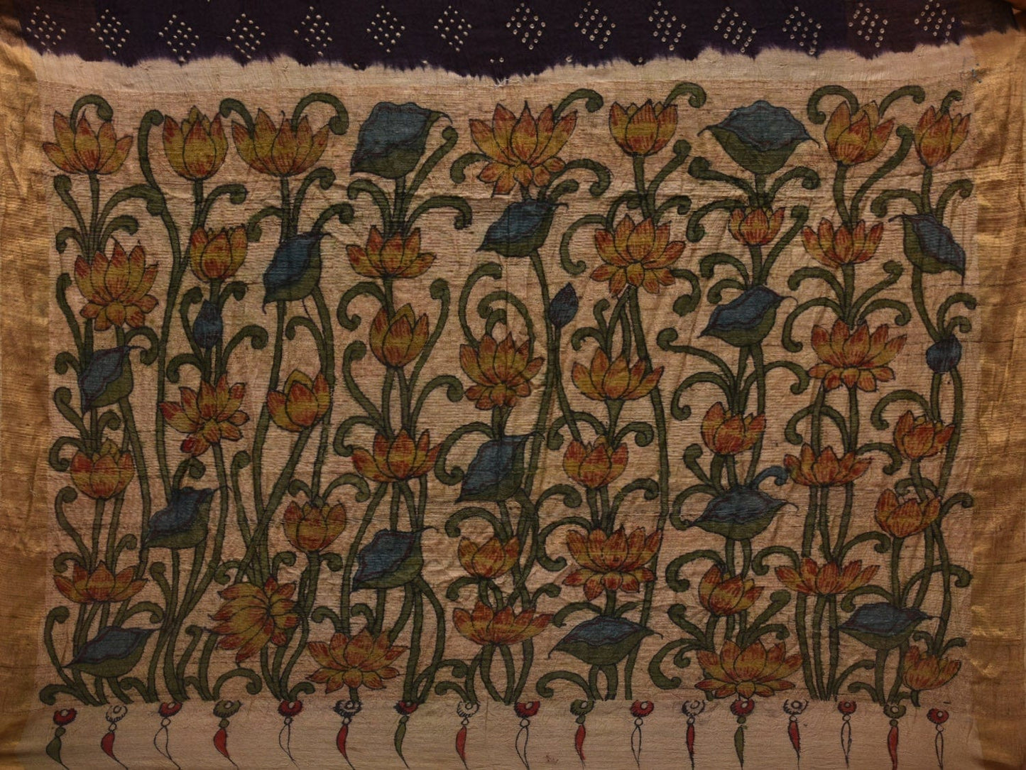 Black Bandhani Kalamkari Hand Painted Tussar Handloom Saree with Zari Border bn0327