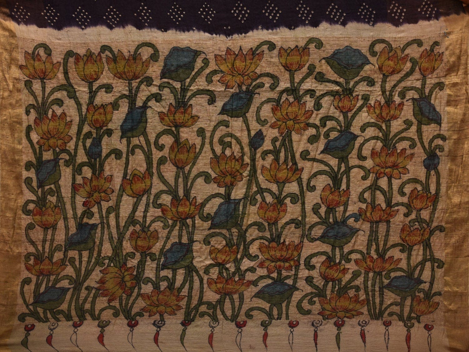 Black Bandhani Kalamkari Hand Painted Tussar Handloom Saree with Zari Border bn0327