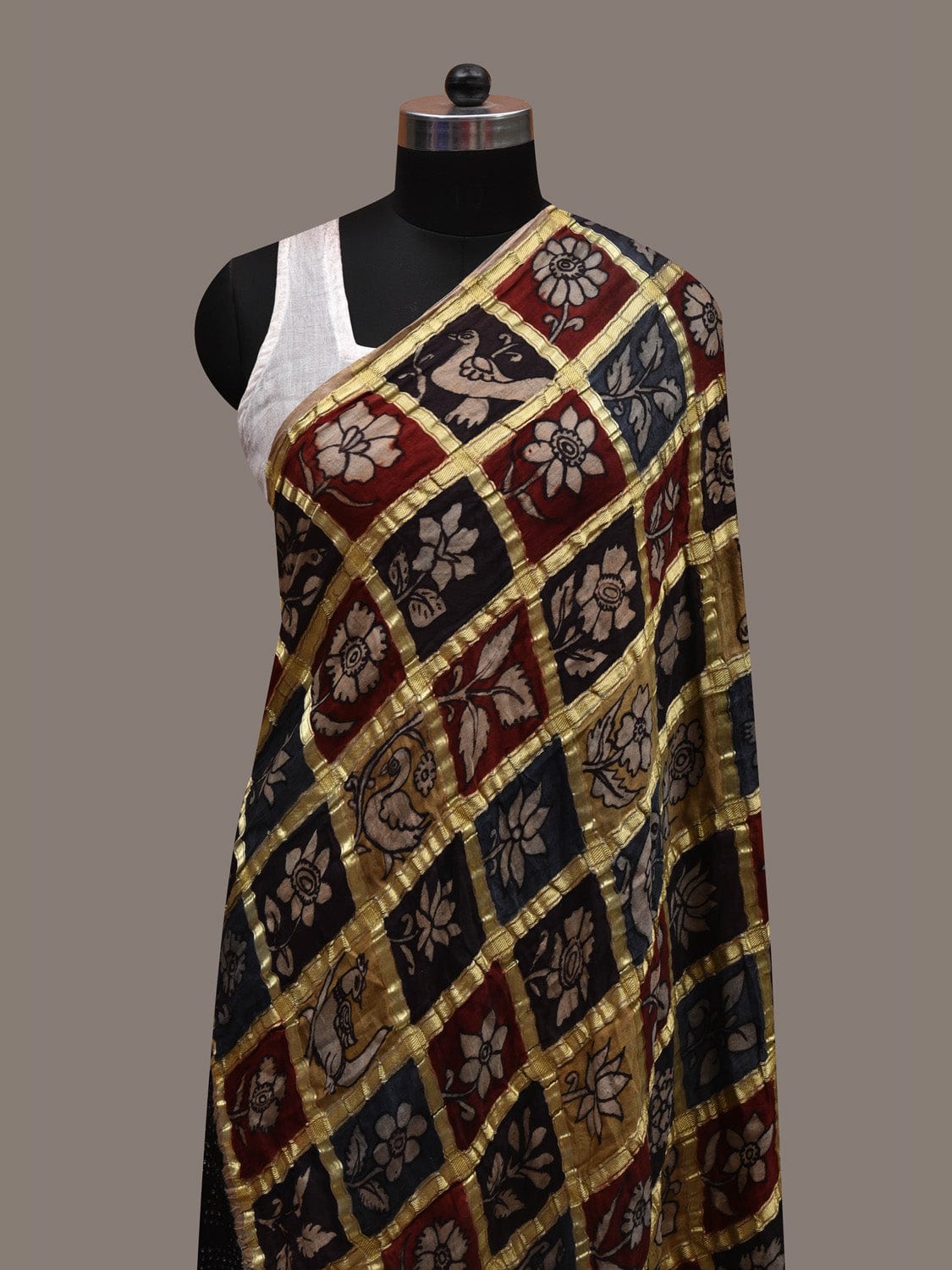 Black Bandhani Kalamkari Kanchipuram Silk Handloom Dupatta with Big Checks Design ds2732