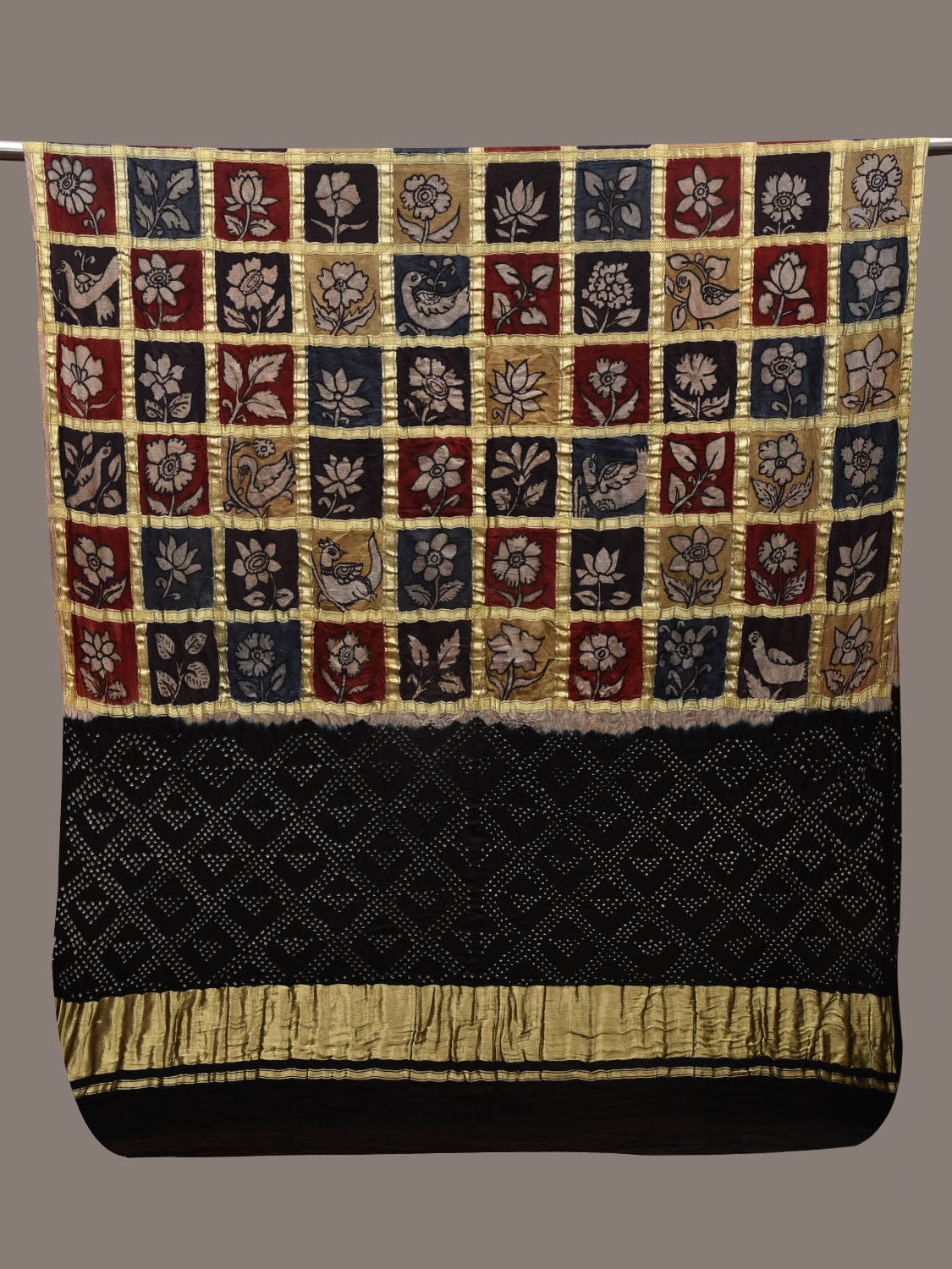 Black Bandhani Kalamkari Kanchipuram Silk Handloom Dupatta with Big Checks Design ds2732