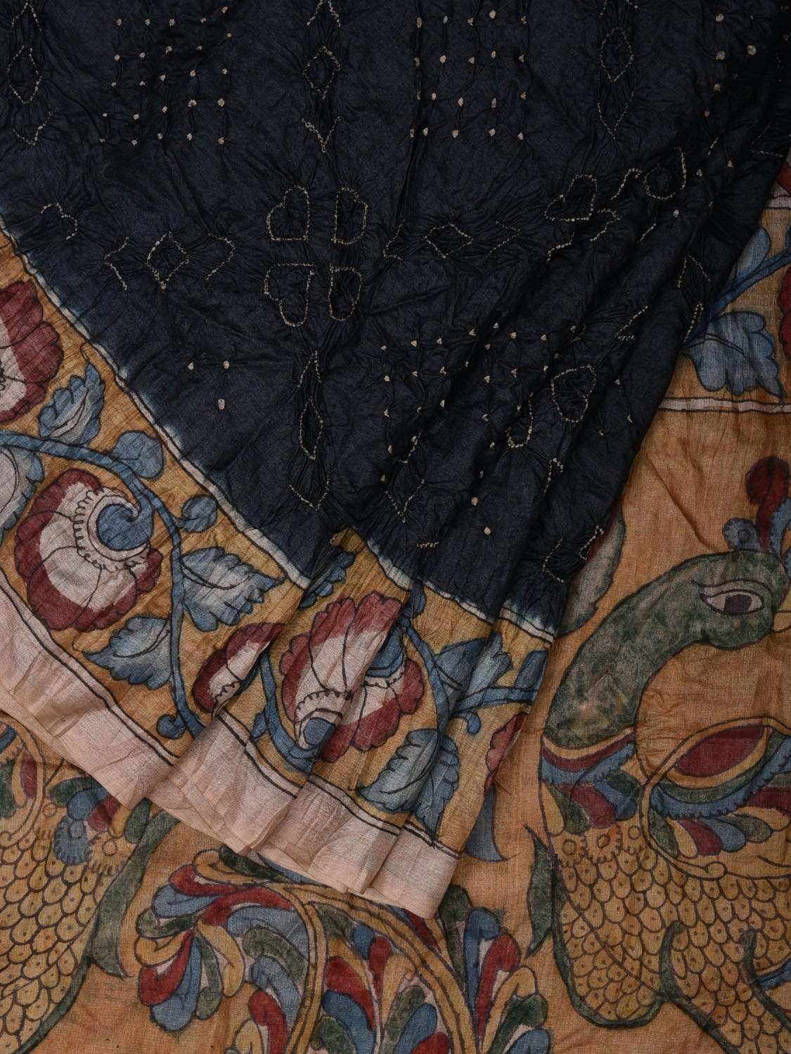 Black Bandhani Kalamkari Tussar Handloom Saree with Pallu and Border Design bn0244