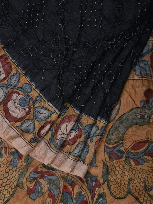 Black Bandhani Kalamkari Tussar Handloom Saree with Pallu and Border Design bn0244