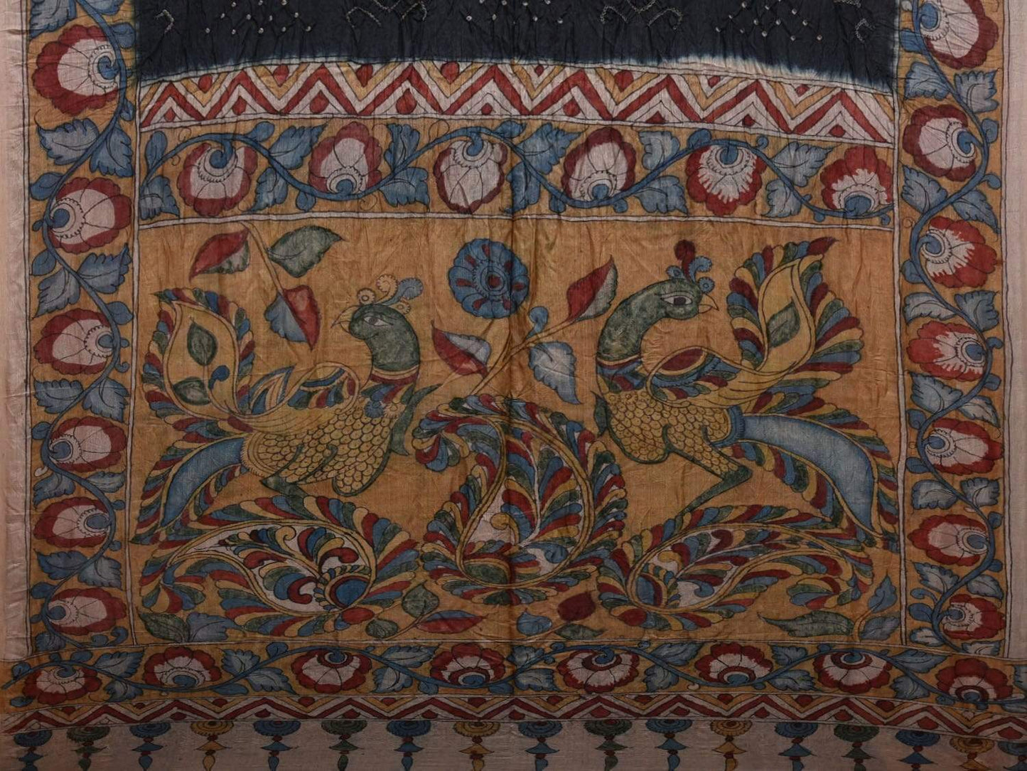 Black Bandhani Kalamkari Tussar Handloom Saree with Pallu and Border Design bn0244