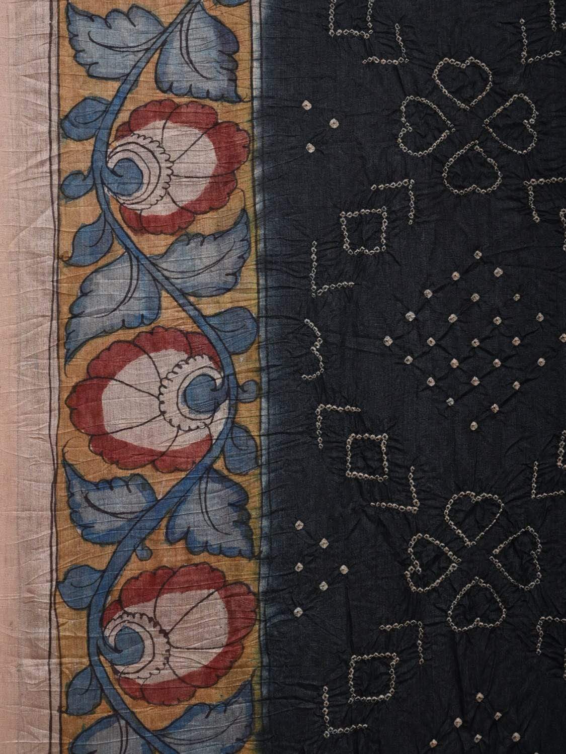 Black Bandhani Kalamkari Tussar Handloom Saree with Pallu and Border Design bn0244