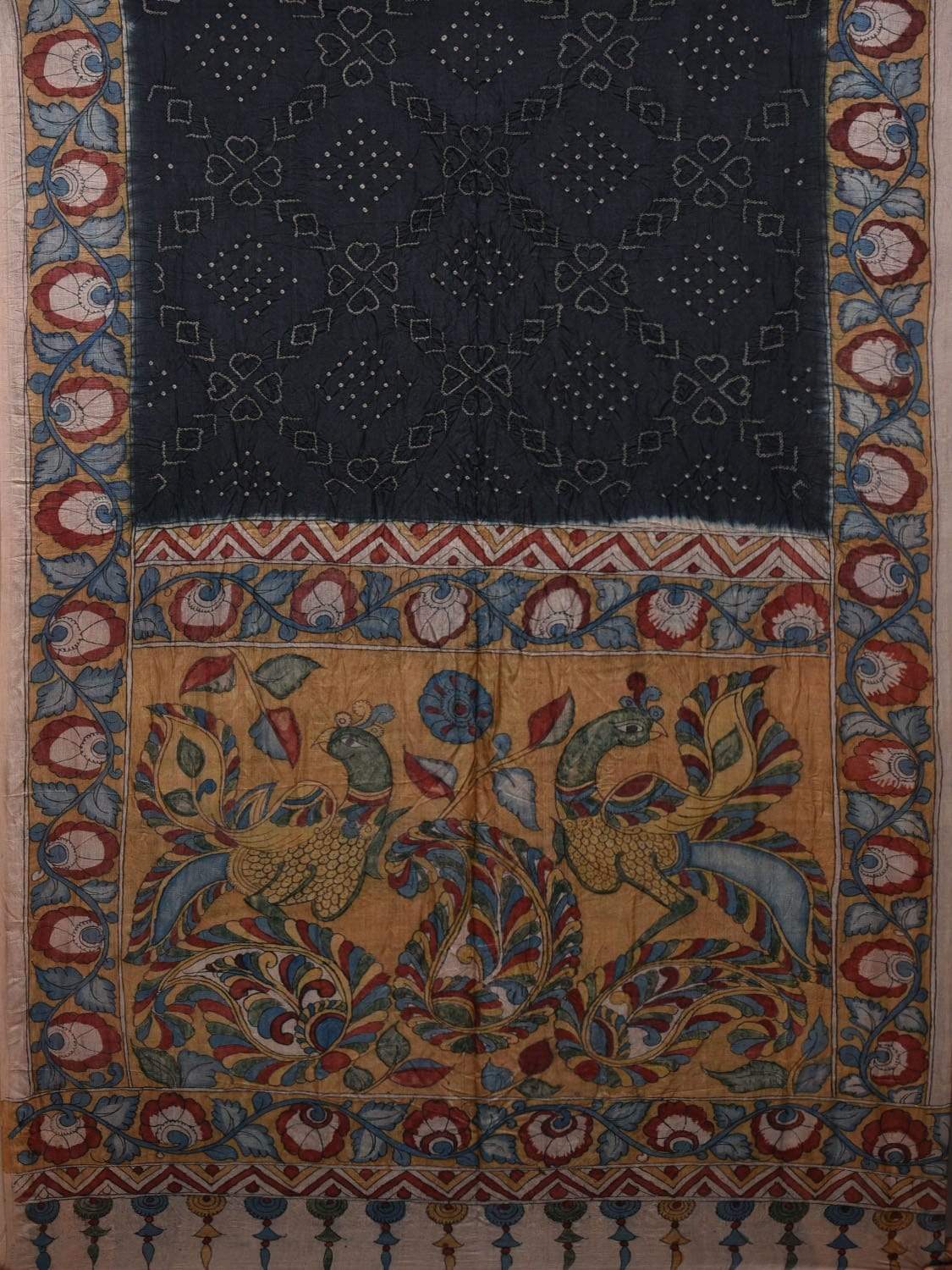 Black Bandhani Kalamkari Tussar Handloom Saree with Pallu and Border Design bn0244