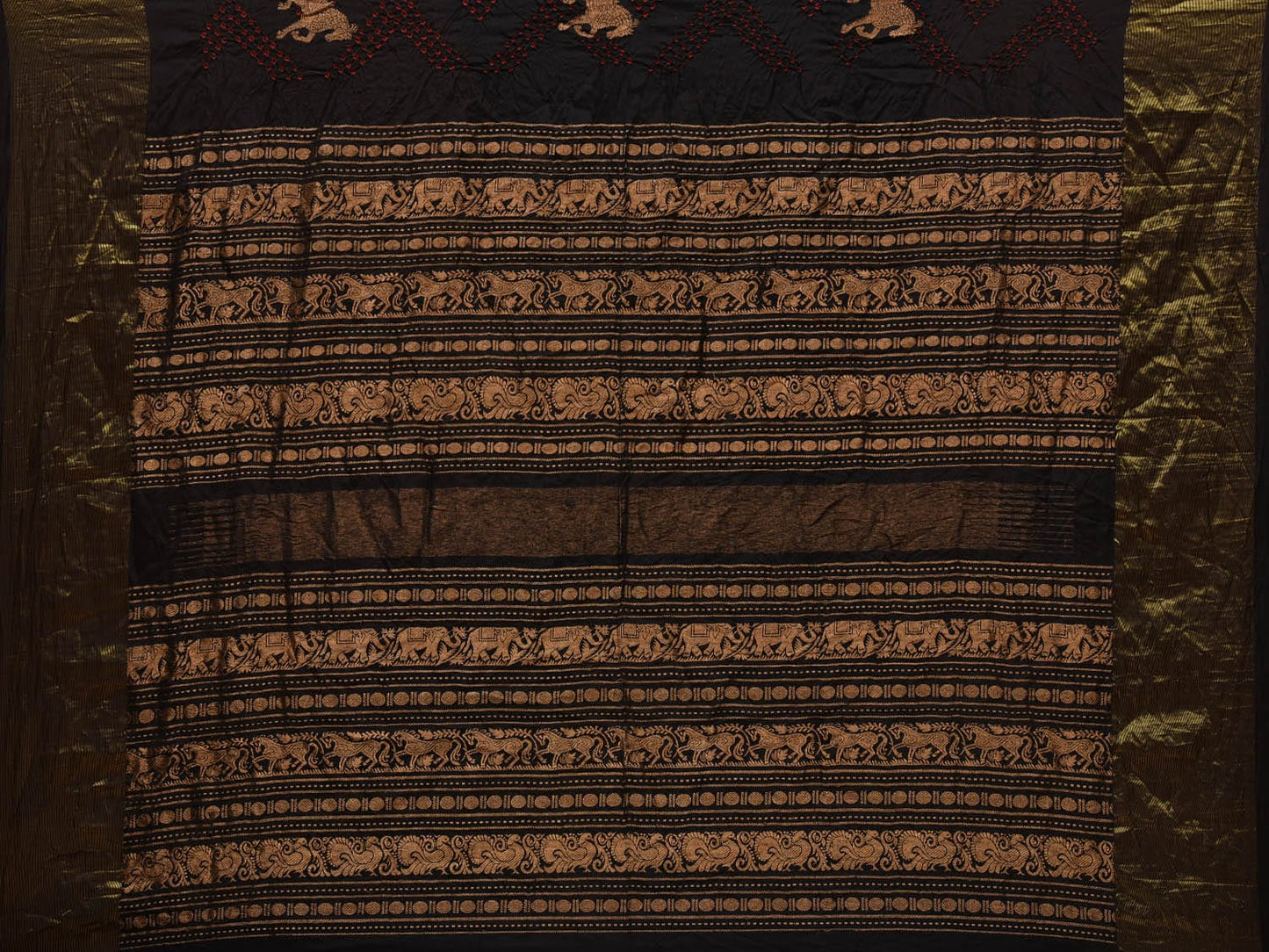 Black Bandhani Kanchipuram Silk Handloom Saree with Horse Buta Design bn0345