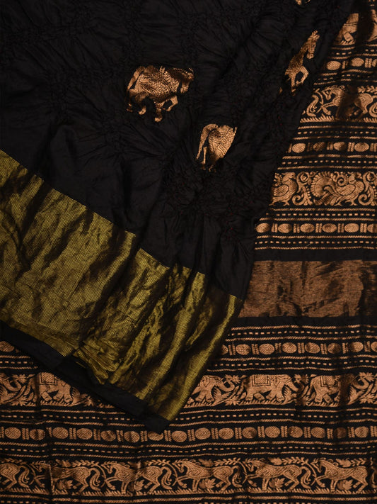Black Bandhani Kanchipuram Silk Handloom Saree with Horse Buta Design bn0345