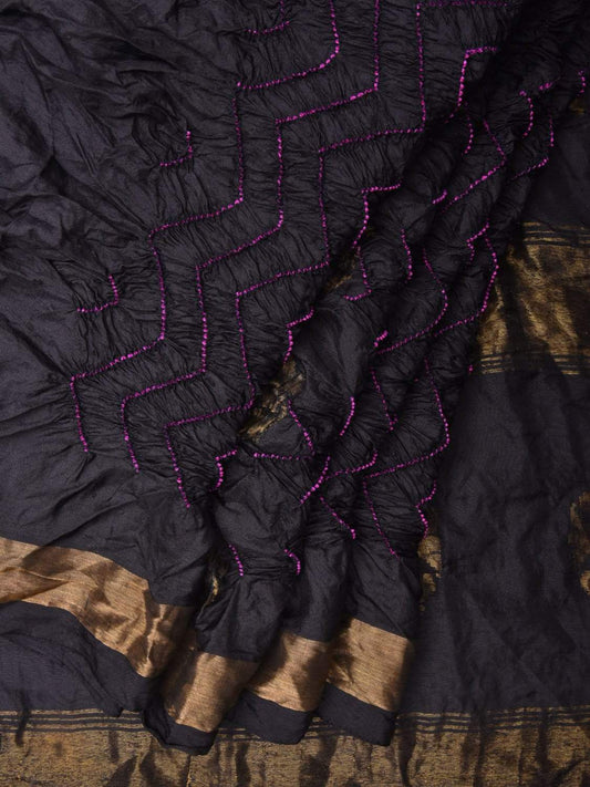Black Bandhani Kanchipuram Silk Handloom Saree with Nilambari Buta Design bn0228