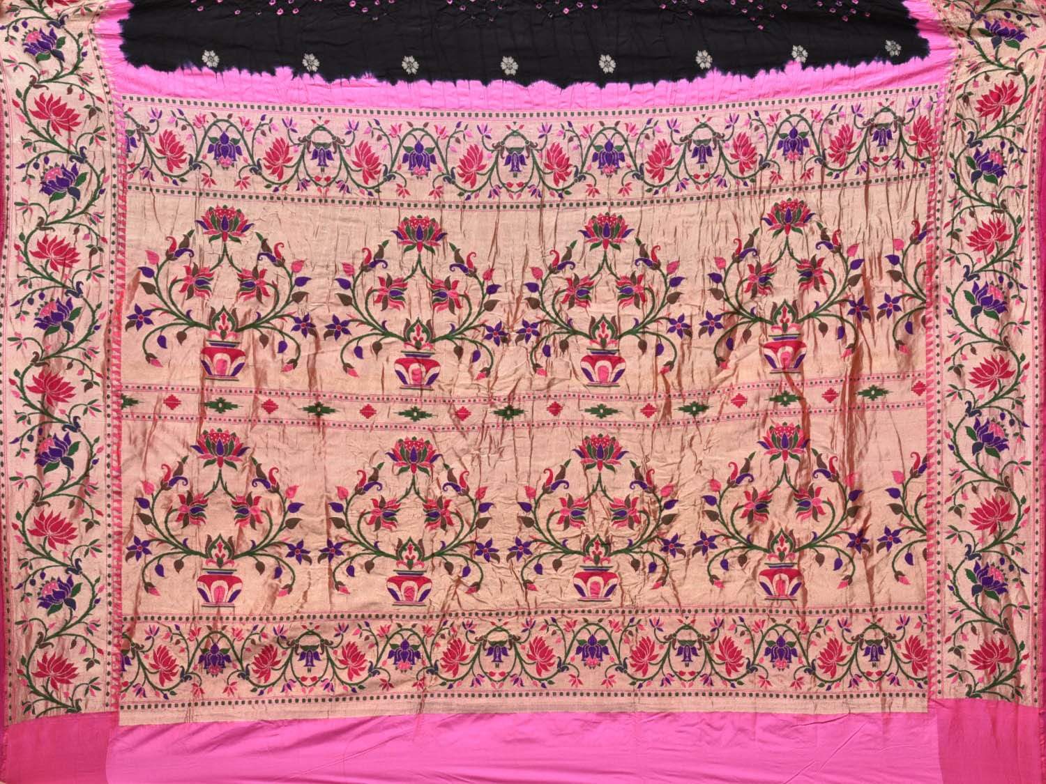 Black Bandhani Paithani Silk Handloom Saree with Lotus Border Design bn0184