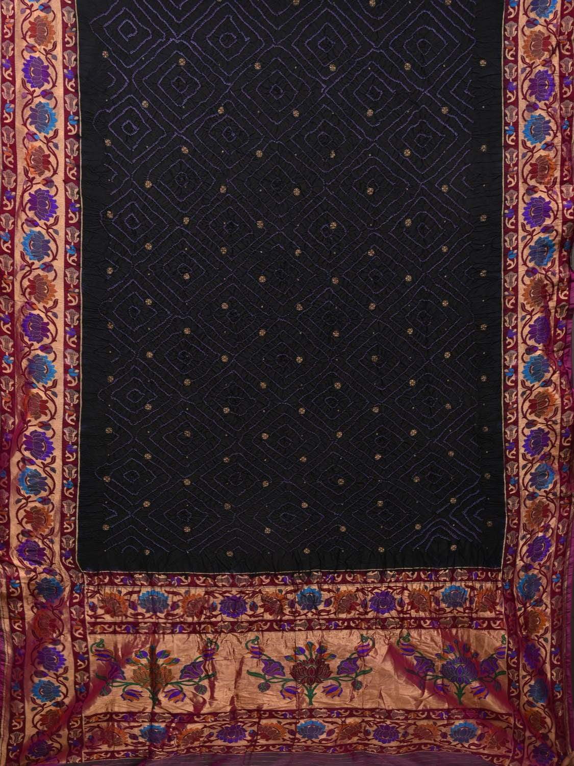 Black Bandhani Paithani Silk Handloom Saree with Lotus Border Design bn0311
