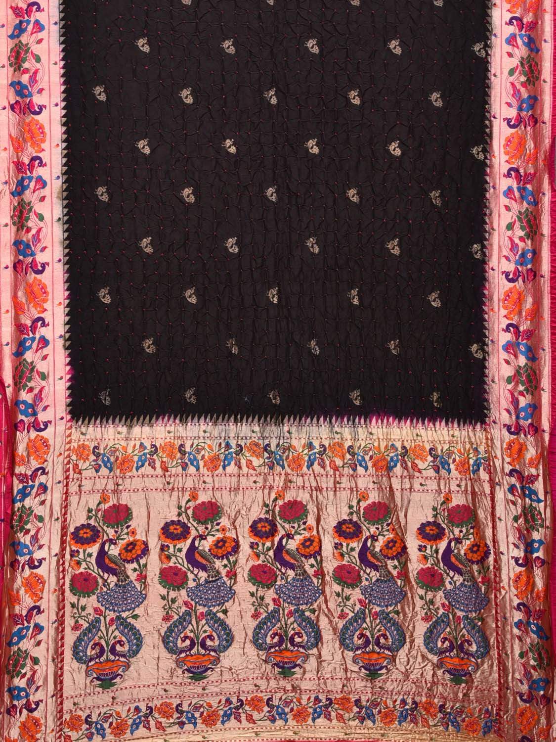 Black Bandhani Paithani Silk Handloom Saree with Peacock and Lotus Border Design bn0153