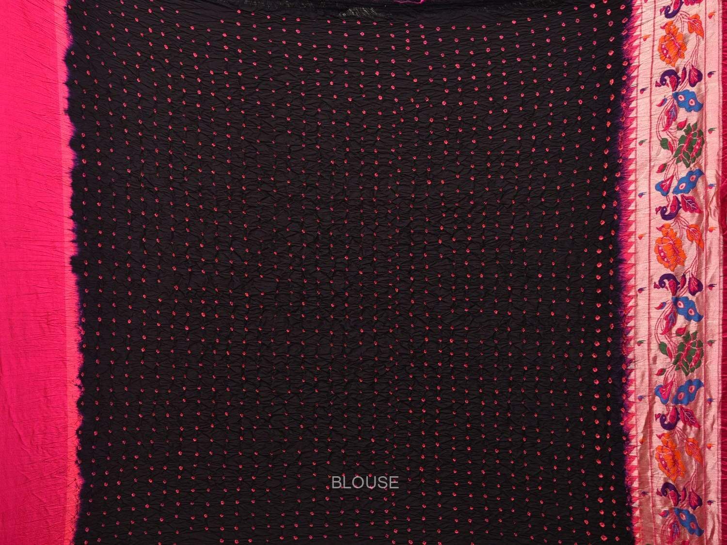 Black Bandhani Paithani Silk Handloom Saree with Peacock and Lotus Border Design bn0153