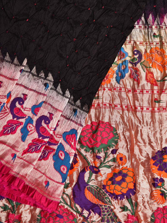Black Bandhani Paithani Silk Handloom Saree with Peacock and Lotus Border Design bn0153