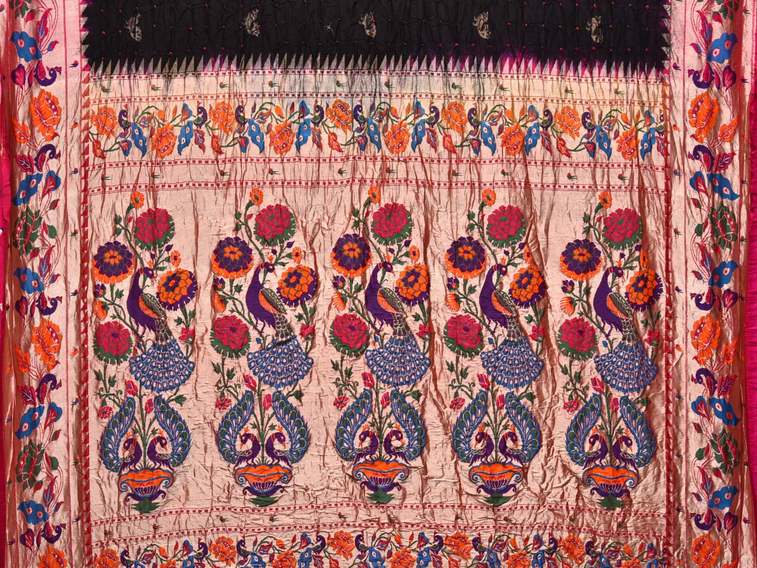 Black Bandhani Paithani Silk Handloom Saree with Peacock and Lotus Border Design bn0153