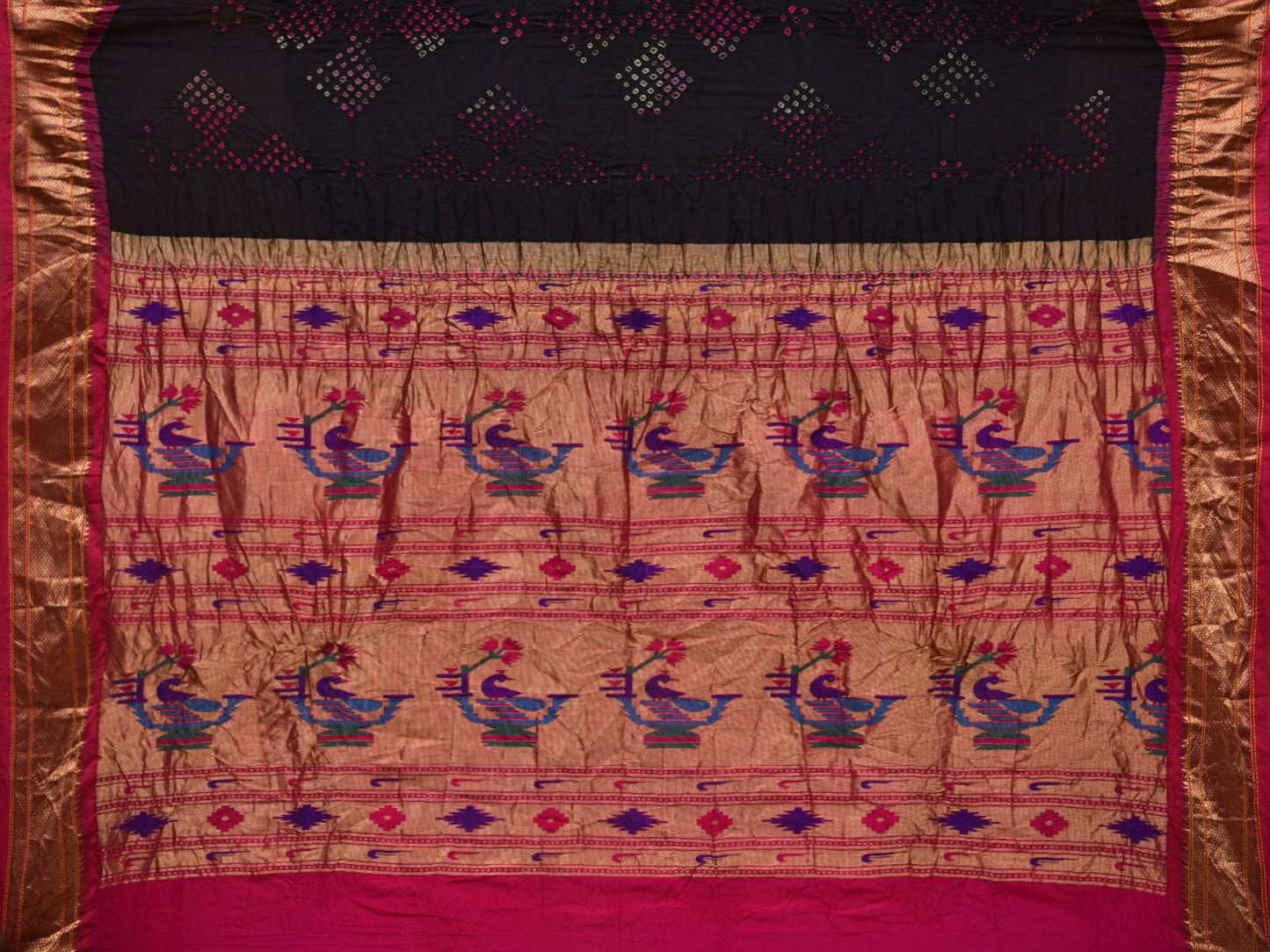 Black Bandhani Paithani Silk Handloom Saree with Peacocks Pallu Design bn0380