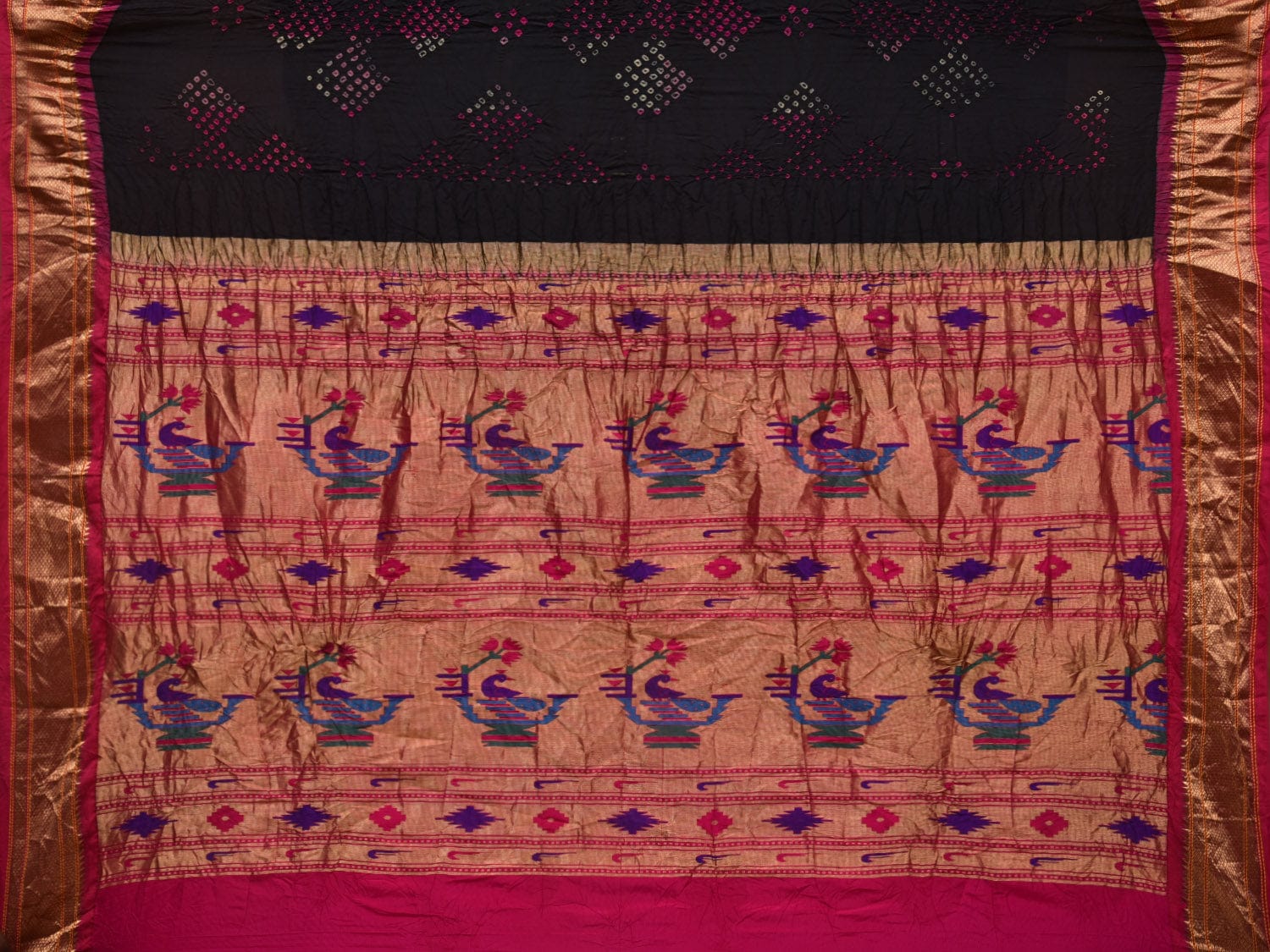 Black Bandhani Paithani Silk Handloom Saree with Peacocks Pallu Design bn0380