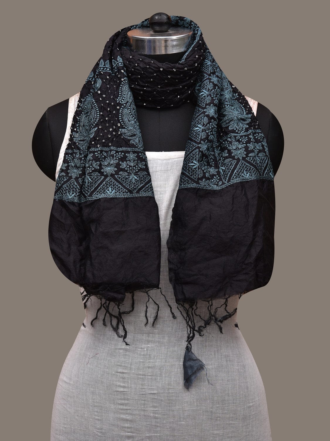 Black Bandhani Silk Stole with Embroidary Work Design ds2852