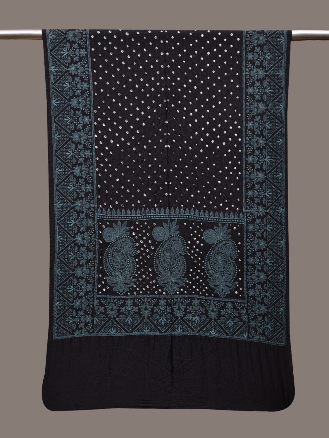 Black Bandhani Silk Stole with Embroidary Work Design ds2852