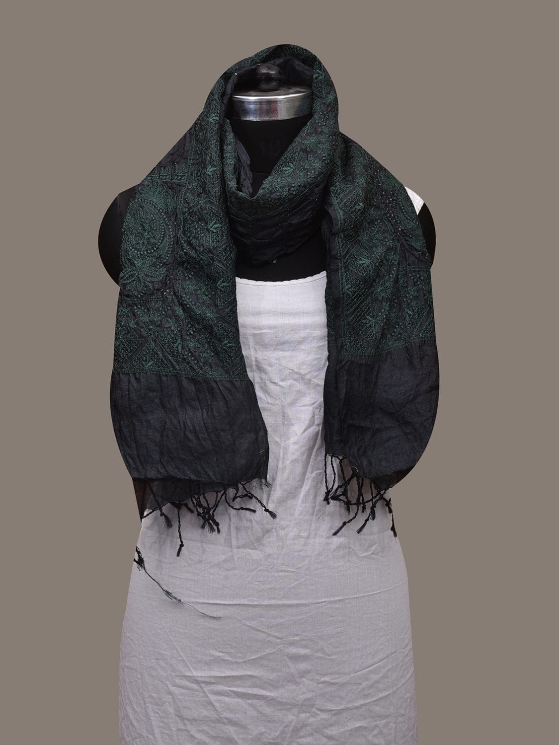 Black Bandhani Tussar Stole with Embroidary Work Design ds3081