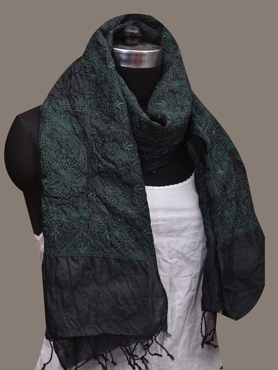Black Bandhani Tussar Stole with Embroidary Work Design ds3081