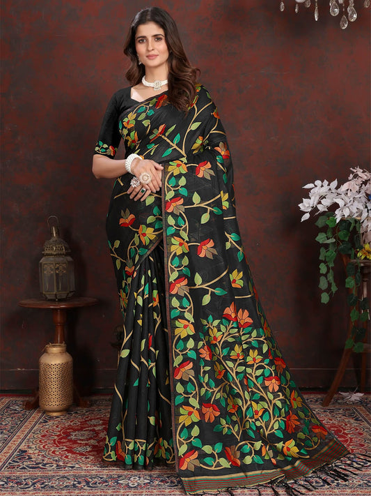 Black Dhakai Jamdani Cotton Viscose Saree with Floral Border and Pallu Design dj0102