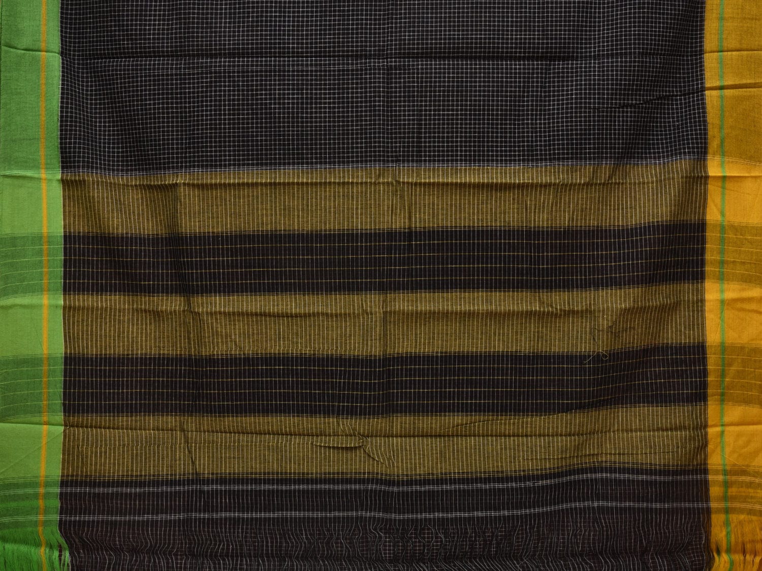 Black ilkal Cotton Handloom Saree with Checks and Ganga-Jamuna Border Design No Blouse o0333