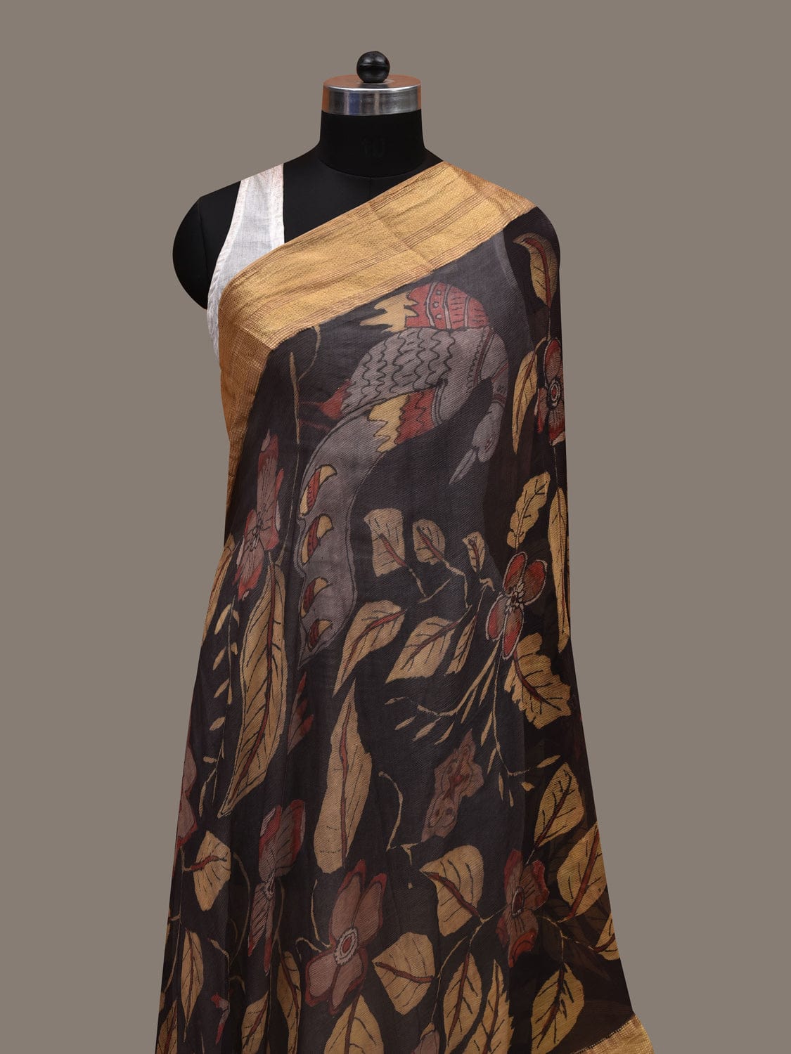 Black Kalamkari Hand Painted Chiffon Dupatta with Floral, Peacocks and Zari Border Design ds2797
