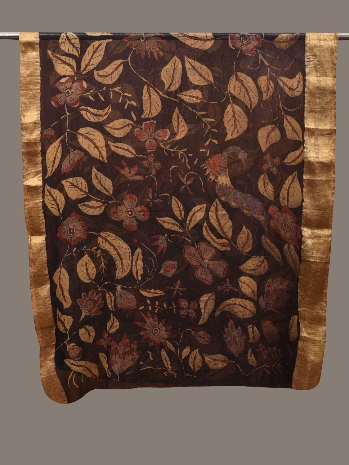 Black Kalamkari Hand Painted Chiffon Dupatta with Floral, Peacocks and Zari Border Design ds2797