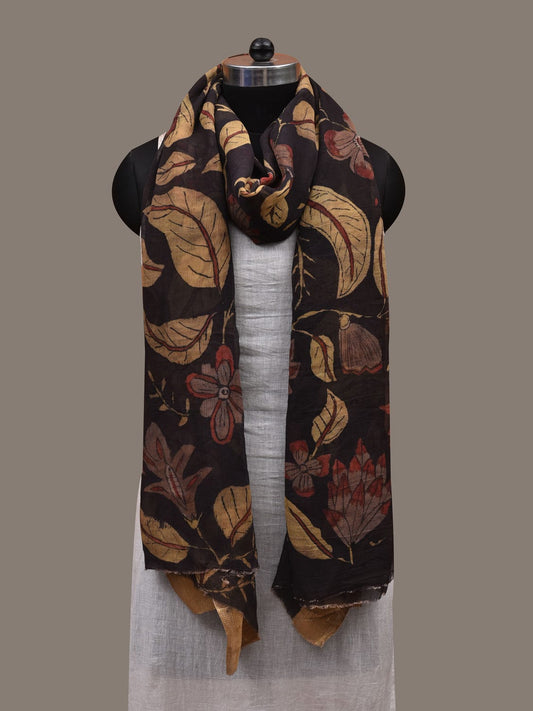 Black Kalamkari Hand Painted Chiffon Dupatta with Floral, Peacocks and Zari Border Design ds2797