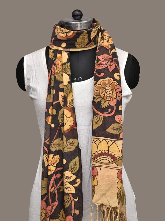Black Kalamkari Hand Painted Cotton Handloom Dupatta with Floral Design ds2269