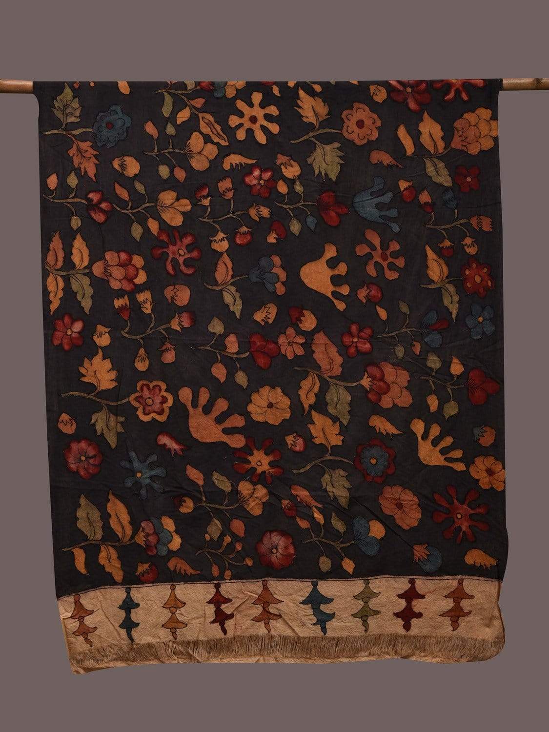 Black Kalamkari Hand Painted Cotton Handloom Dupatta with Floral Design ds2392
