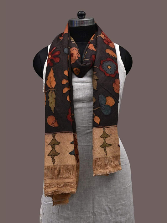 Black Kalamkari Hand Painted Cotton Handloom Dupatta with Floral Design ds2392