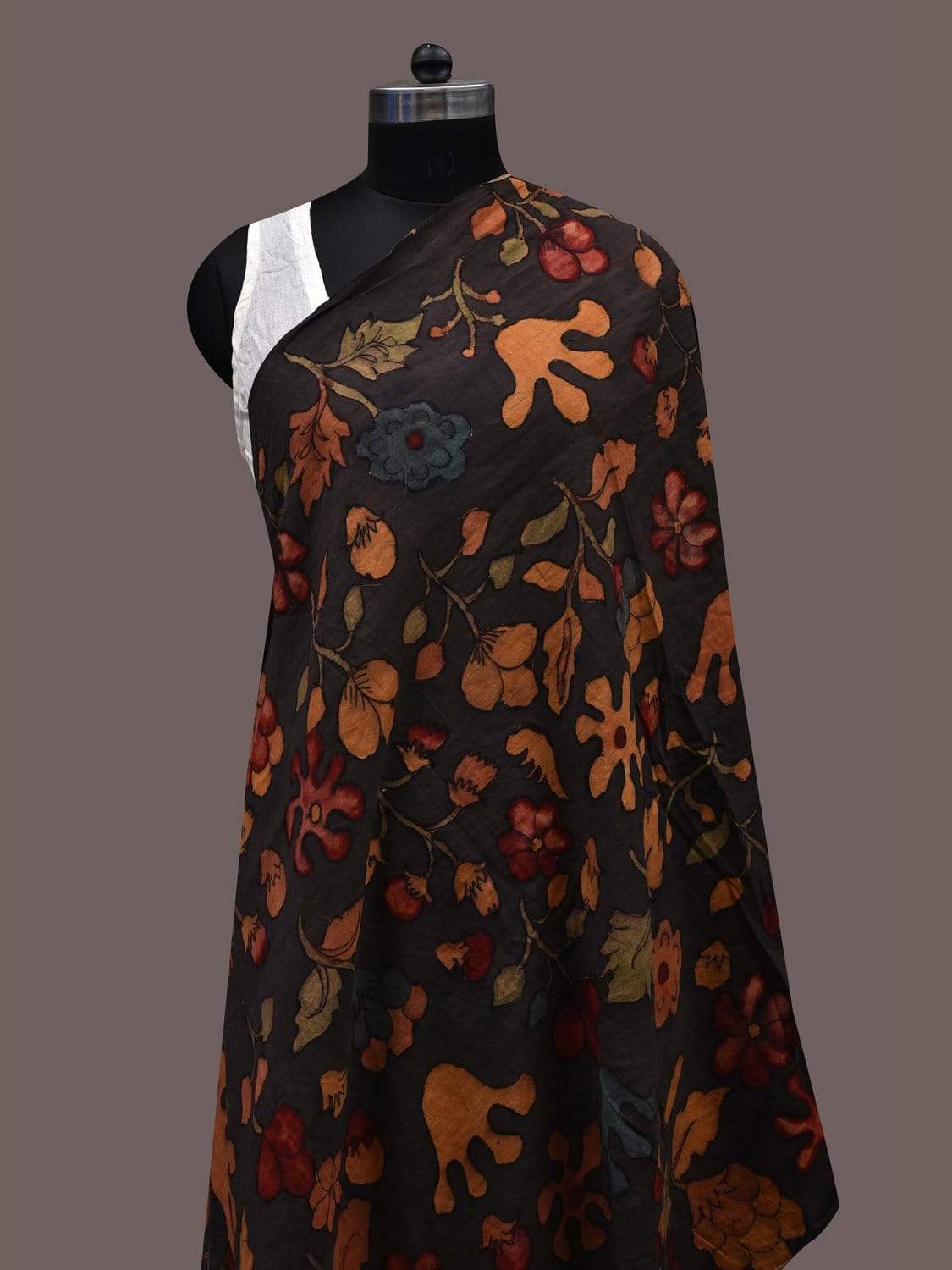 Black Kalamkari Hand Painted Cotton Handloom Dupatta with Floral Design ds2392