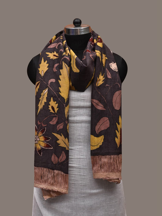 Black Kalamkari Hand Painted Cotton Handloom Dupatta with Floral Design ds2702