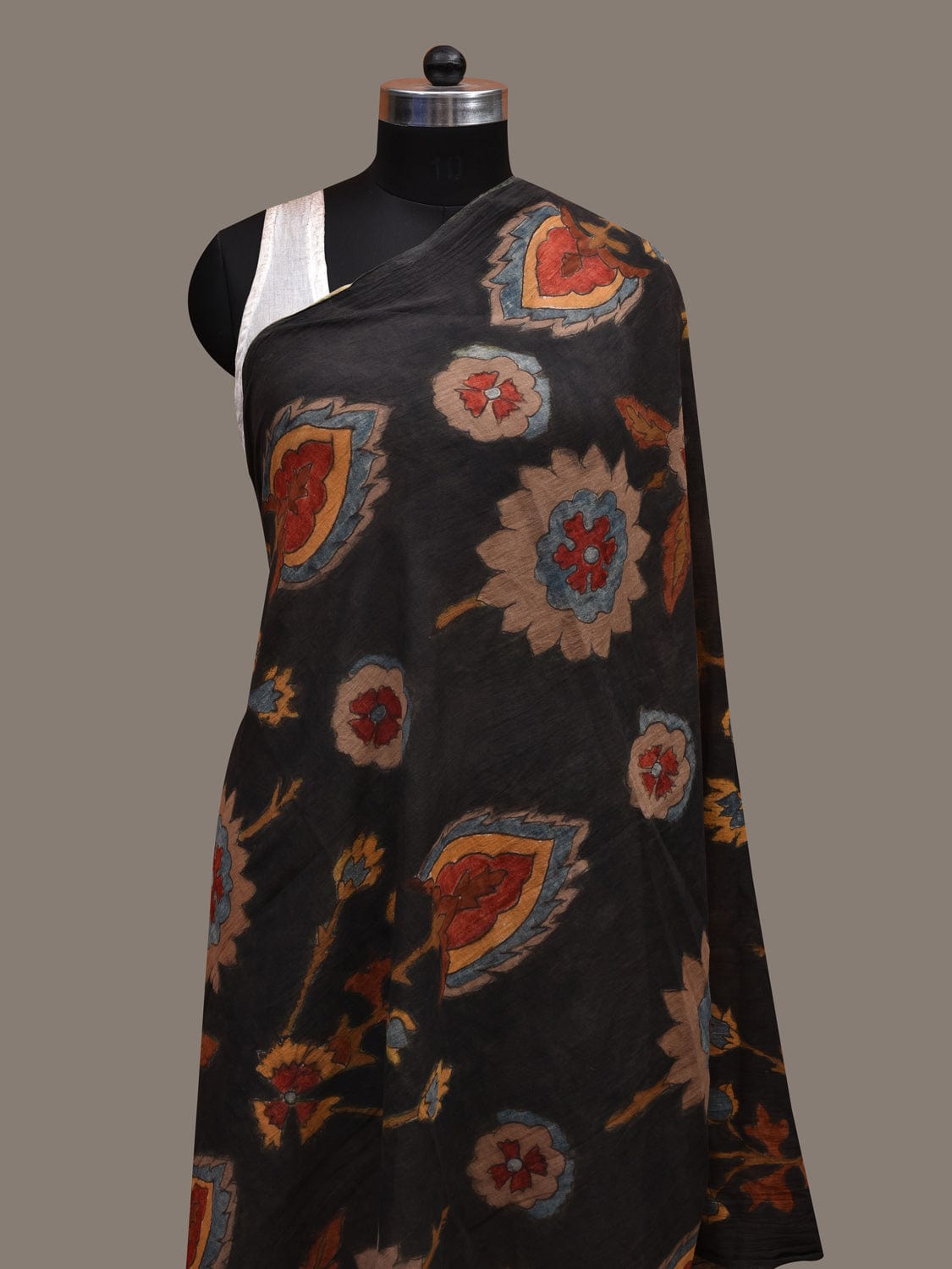Black Kalamkari Hand Painted Cotton Handloom Dupatta with Floral Design ds2845