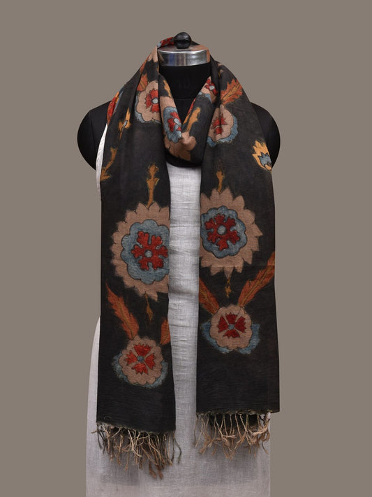 Black Kalamkari Hand Painted Cotton Handloom Dupatta with Floral Design ds2845