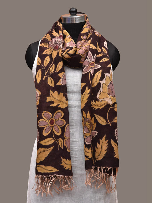 Black Kalamkari Hand Painted Cotton Handloom Dupatta with Flowers and Peacocks Design ds2704