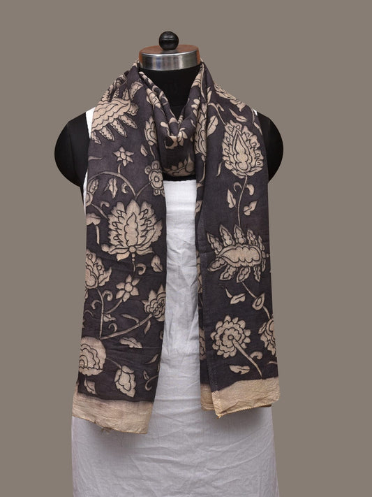 Black Kalamkari Hand Painted Cotton Handloom Stole with Floral Design ds3019