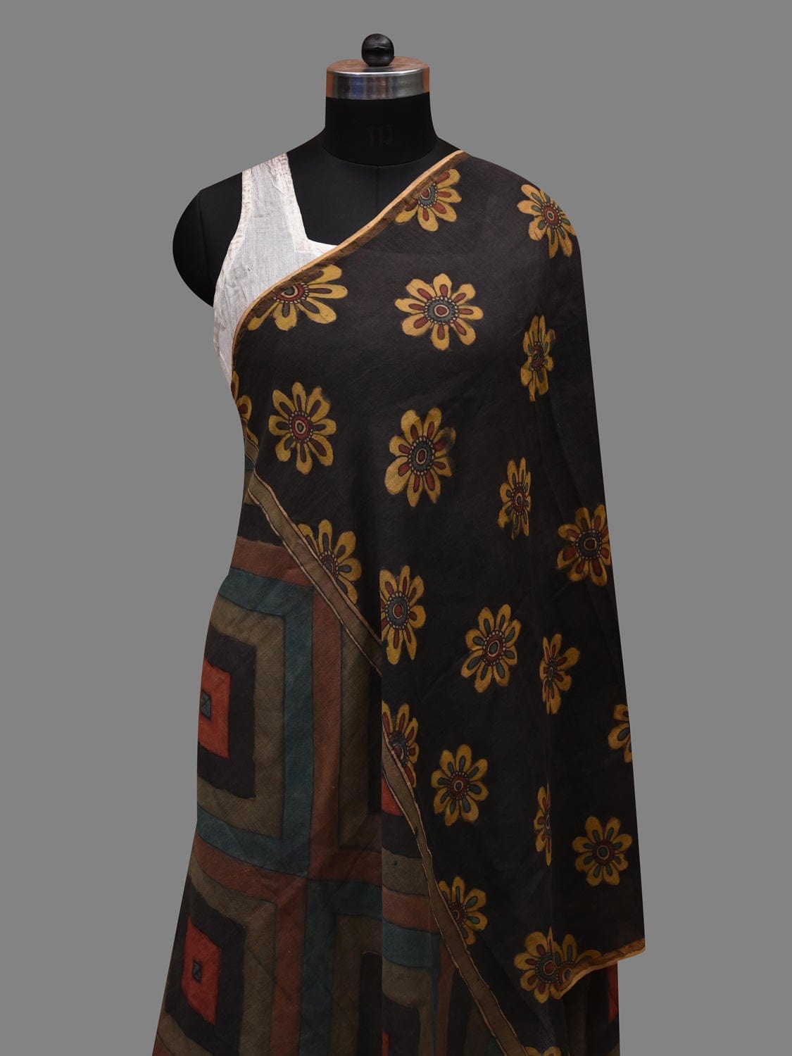 Black Kalamkari Hand Painted Cotton Silk Handloom Dupatta with Floral and Geometric Design ds2626