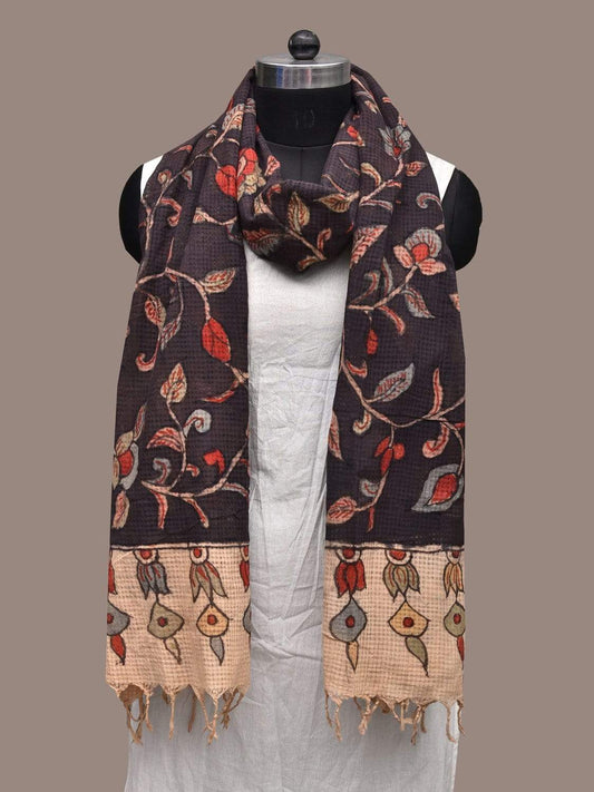 Black Kalamkari Hand Painted Cotton Silk Handloom Dupatta with Floral Design ds2274