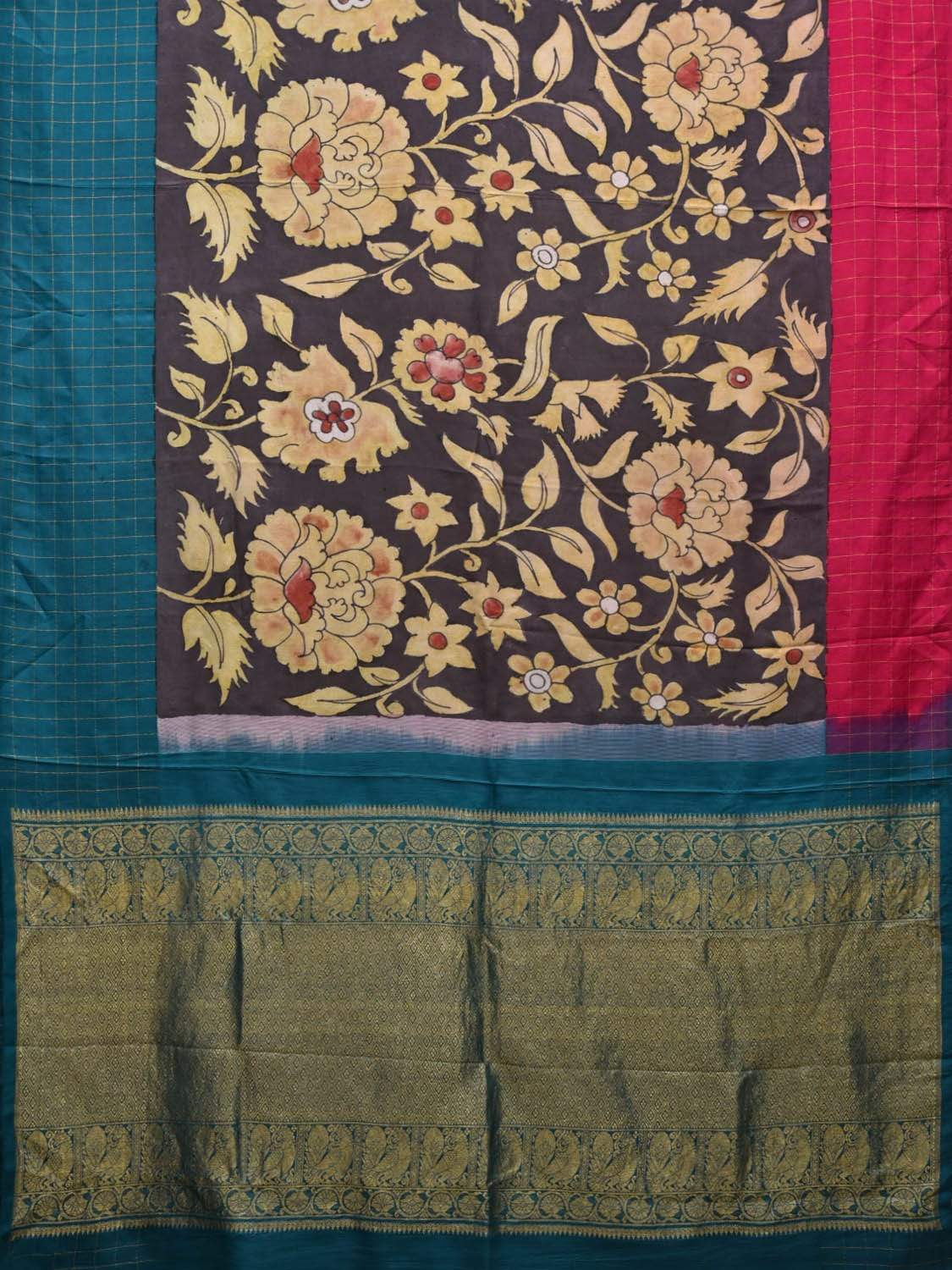 Black Kalamkari Hand Painted Gadwal Silk Handloom Saree with Ganga-Jamuna Checks Border Design KL0471