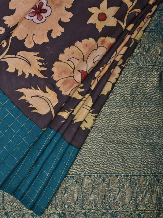 Black Kalamkari Hand Painted Gadwal Silk Handloom Saree with Ganga-Jamuna Checks Border Design KL0471