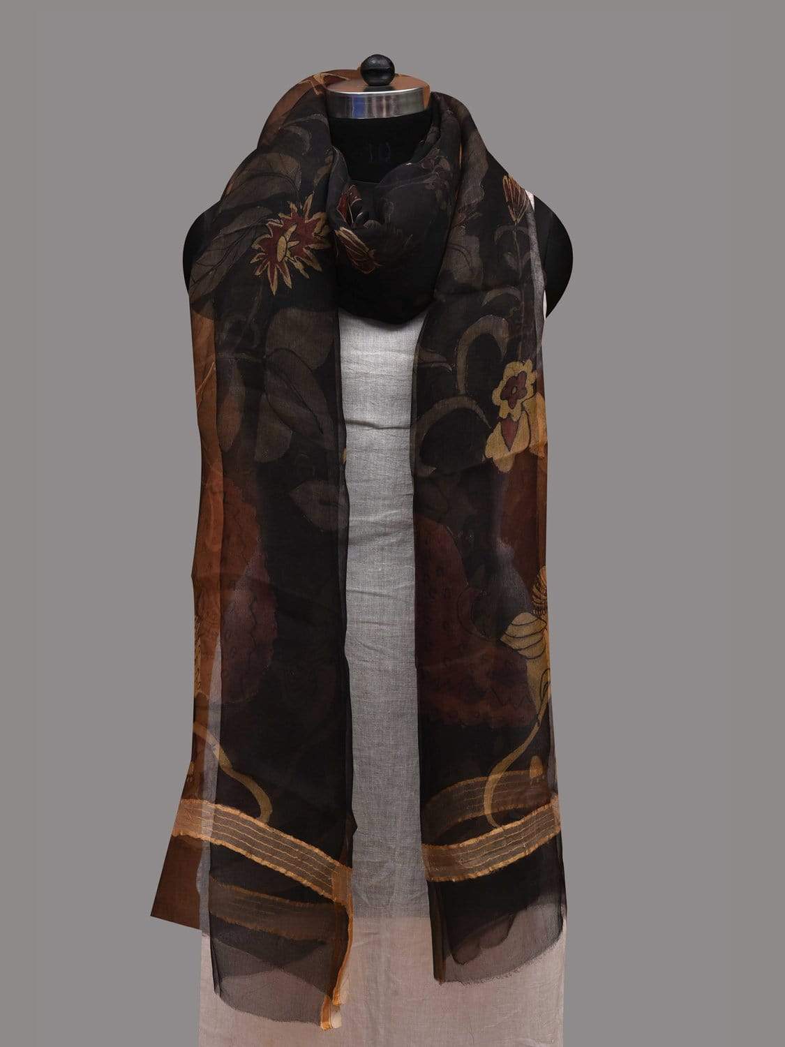Black Kalamkari Hand Painted Georgette Dupatta with Floral and Peacocks Design ds2587
