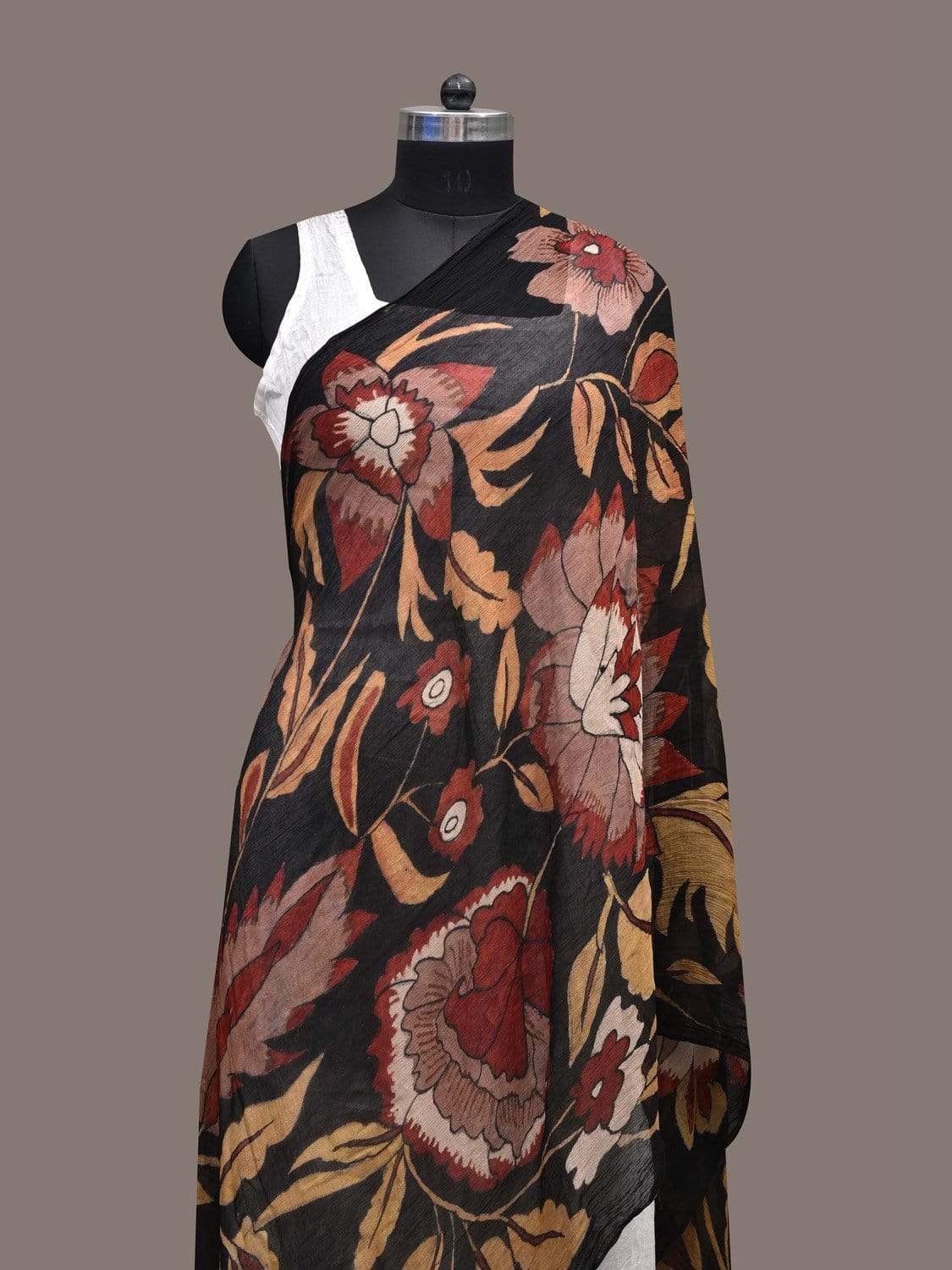 Black Kalamkari Hand Painted Georgette Dupatta with Floral Design ds2471
