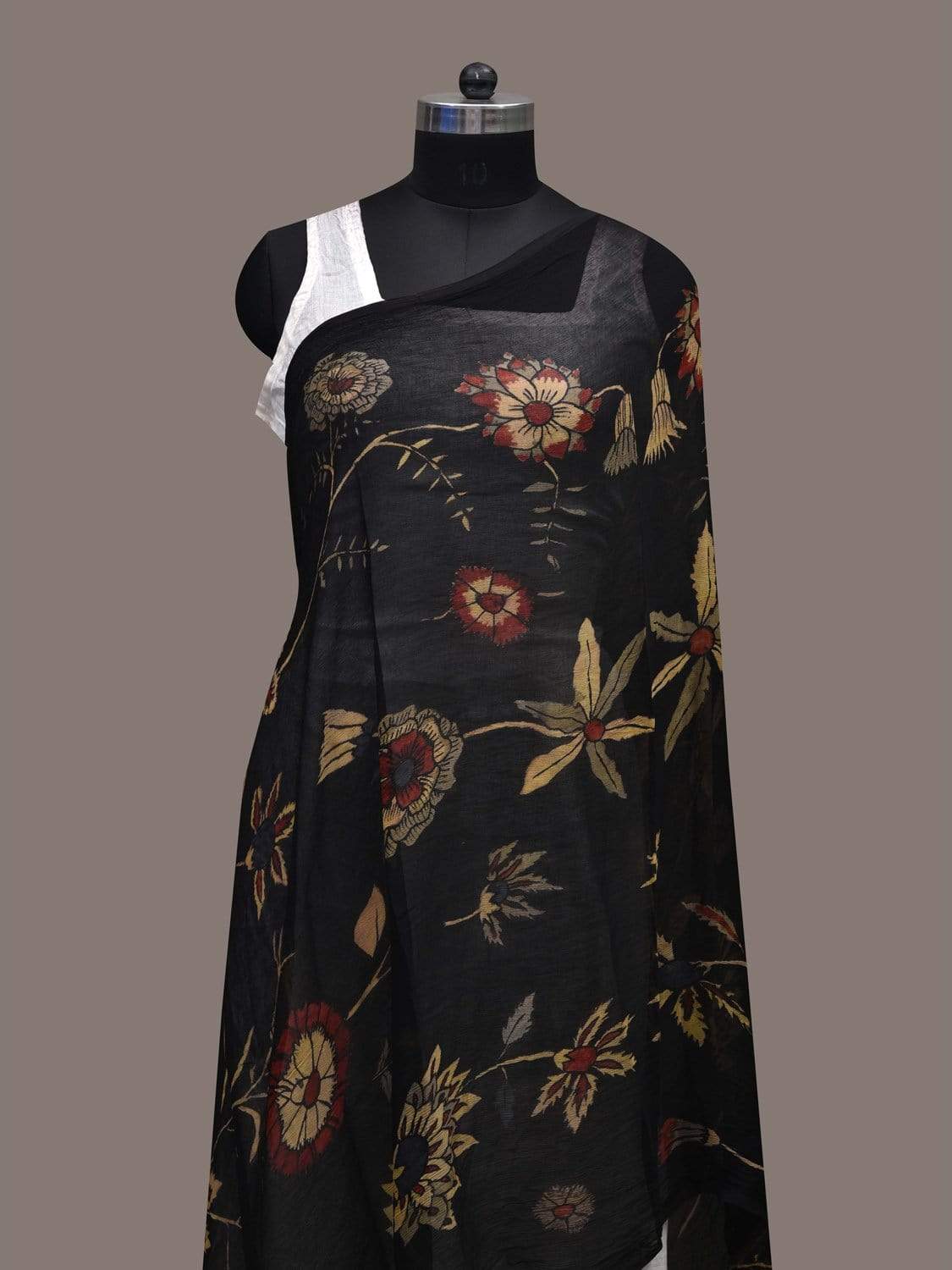 Black Kalamkari Hand Painted Georgette Dupatta with Floral Design ds2473
